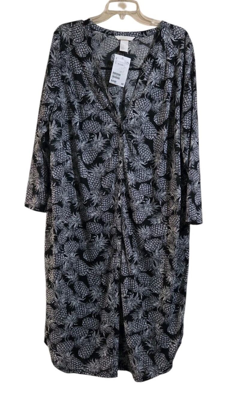 H&M Tropical Pineapple Print Swim Coverup Caftan Button Up Dress Size L Vacation